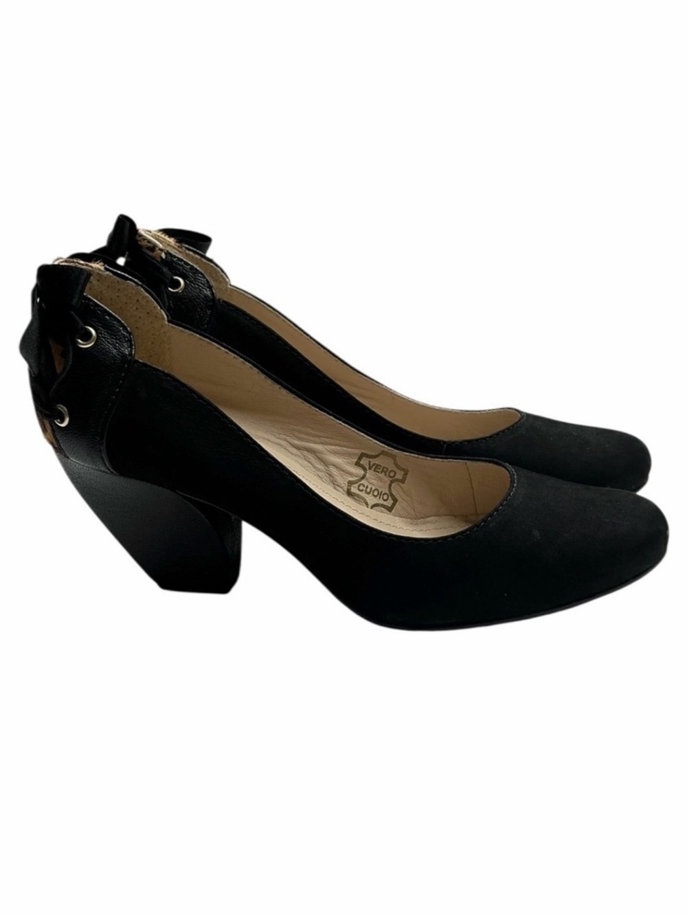 Biondini Black Leopard Calf Bow Block Heels